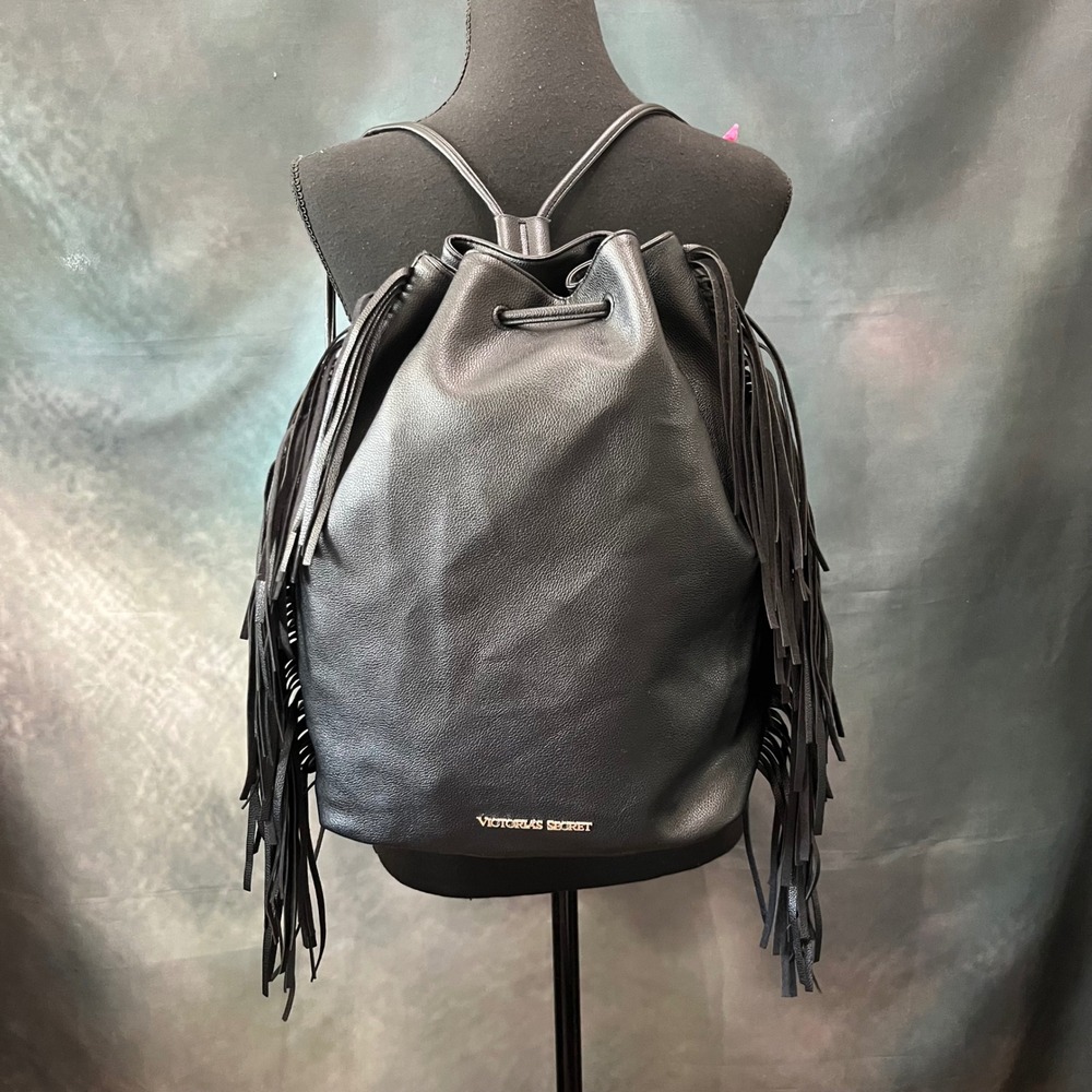 Victorias Secret Black Faux Leather Fringe Drawstring Backpack Gold Logo Bag